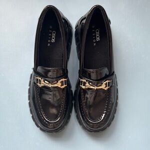 ASOS Glossy Black Loafers with Gold Accent